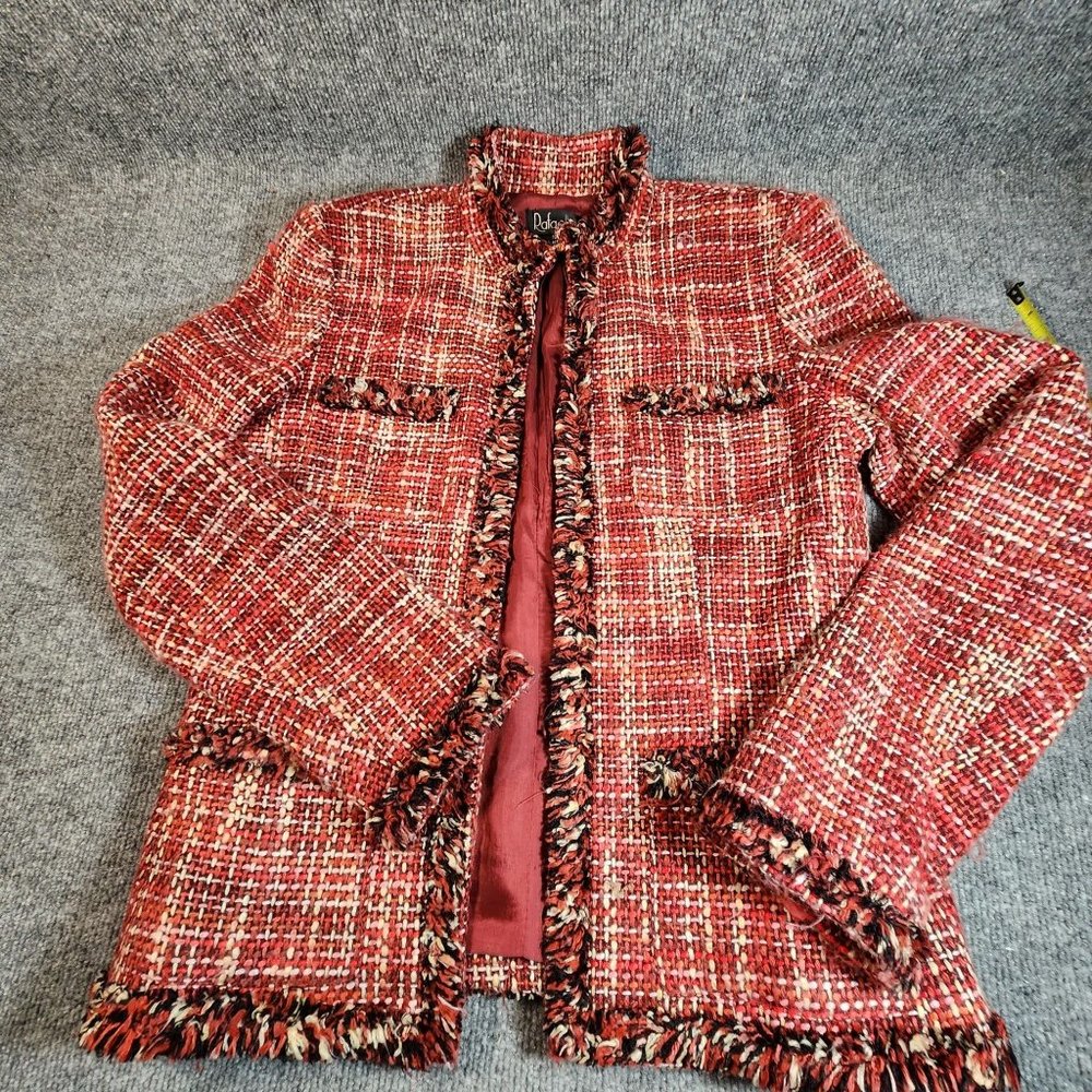 Rafella Womens Woven Jacket Red White Raw Hems Womens Size 10 Acrylic Wool Blend